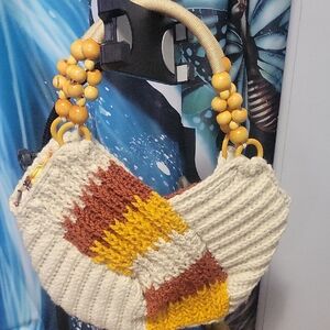 Cream Knit Shoulder Bag with Mustard & Brown Accent Beaded Handle